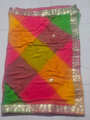 KAKADIYA CREATION Graphic Print, Digital Print, Hand Painted, Self Design, Blocked Printed Bandhani Chiffon Saree(Multicolor)