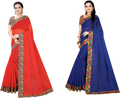 manish Solid/Plain Chanderi Cotton Blend Saree(Pack of 2, Red, Blue)