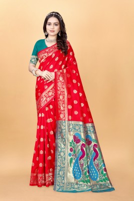 signagraph Woven Paithani Jacquard, Pure Silk Saree(Red)