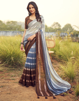 Satrani Embroidered, Woven, Striped Bollywood Georgette Saree(Brown, Blue, Grey)