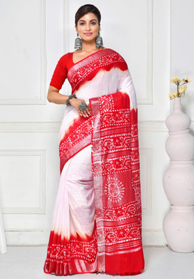 crochetin Self Design Handloom Handloom Cotton Linen Saree(White, Red)