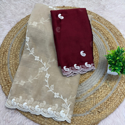 BADE SUHANE Embroidered Bollywood Chiffon Saree(Cream, Maroon)