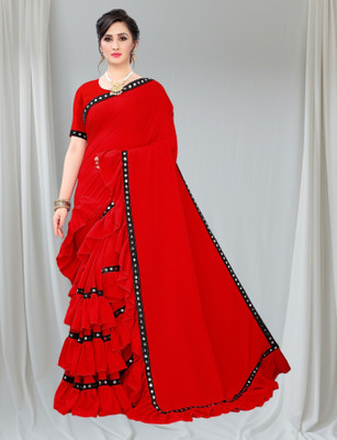 mahibhag Solid/Plain, Embroidered Bollywood Lycra Blend Saree(Red)