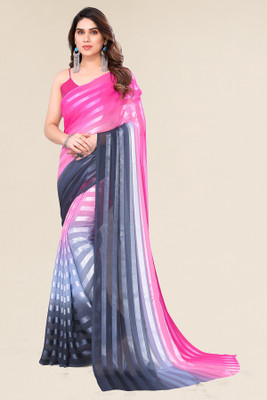 Moda Rapido Self Design, Striped, Ombre Bollywood Satin Saree(Pink, Grey, Black)