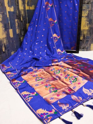 DURGA TEXTILE Printed, Self Design, Embellished, Woven, Animal Print, Blocked Printed Paithani Jacquard, Silk Blend Saree(Blue)
