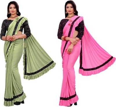 MIJAASHREE Embellished Bollywood Lycra Blend Saree(Pack of 2, Green, Pink)