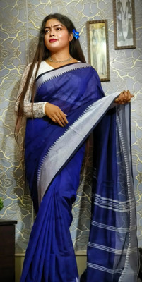 sdn Temple Border, Solid/Plain Handloom Cotton Silk Saree(Dark Blue)