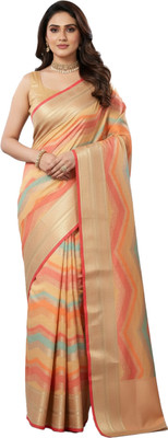 Kalindri Woven, Printed Kota Doria Cotton Silk Saree(Gold, Beige)