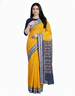 handloom paridhaan Tie-Dye, Woven Handloom Handloom Pure Cotton Saree(Yellow, Blue)