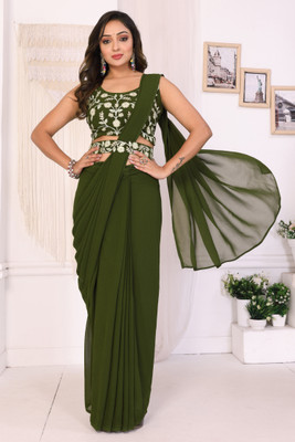 PATLANI STYLE Embroidered Pre Draped Saree Georgette Saree(Green)