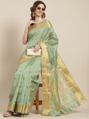 Divastri Self Design, Printed, Embroidered, Woven Assam Silk Jacquard, Cotton Silk Saree(Green)