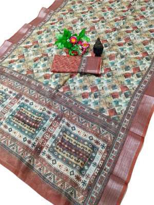HouseOfCommon Floral Print Bollywood Pure Cotton, Cotton Linen Saree(Multicolor)