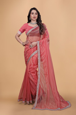 Snija Fashion Embroidered Bhagalpuri Organza, Jimmy choo Saree(Pink)