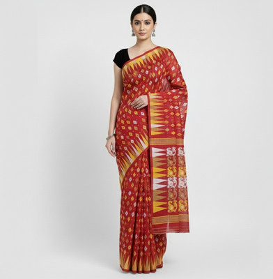 ShivMaya Woven, Temple Border Jamdani Silk Blend, Cotton Blend Saree(Red)