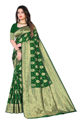 UK WORLDS Woven Banarasi Jacquard Saree(Green)