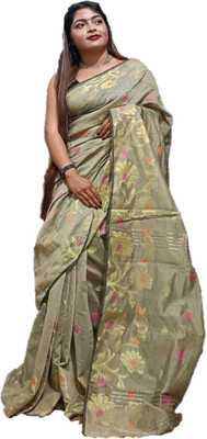 HouseOfCommon Floral Print Jamdani Cotton Silk Saree(Multicolor)