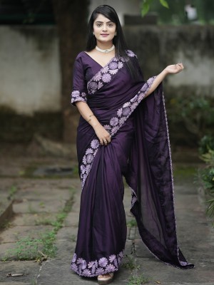 Sareemall Embellished Bollywood Satin Saree(Purple)