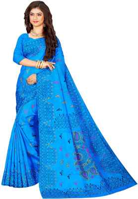 Quetzal Embroidered Kantha Art Silk Saree(Blue)