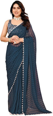 ROOP SUNDARI SAREES Woven, Striped, Dyed Bollywood Georgette Saree(Dark Blue)