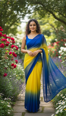 Clothera Color Block Bollywood Georgette Saree(Yellow, Blue)
