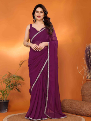 odette Solid/Plain Saree with Attached Blouse Georgette Saree(Purple)