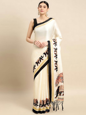Albira Creation Printed, Animal Print, Floral Print, Temple Border Bollywood Cotton Linen Saree(Cream)