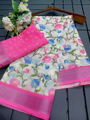 HouseOfCommon Floral Print Kanjivaram Linen, Cotton Linen Saree(Pink)