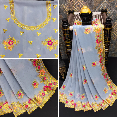 KHRITI FAB Embroidered, Floral Print Bollywood Georgette Saree(Grey)