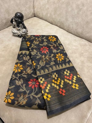 Suali Floral Print Patola Cotton Blend Saree(Black)