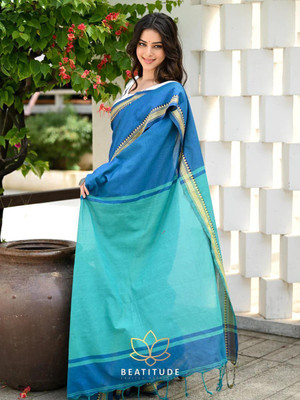 BiswasTextiles Striped Handloom Cotton Blend Saree(Light Blue)