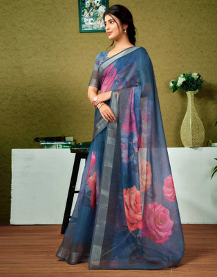 Samah Digital Print, Floral Print, Embellished Bollywood Linen Saree(Multicolor, Blue)