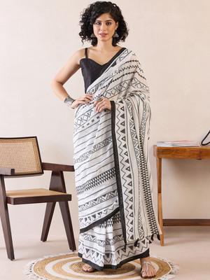 Divastri Printed Ikkat Cotton Blend Saree(White)