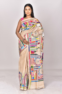 Ramshyam Collection Woven Kantha Pure Silk Saree(Cream)