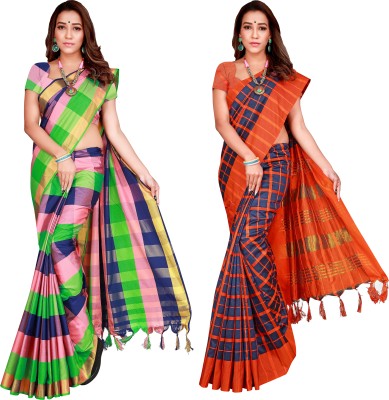 MENFLUENT Checkered Bollywood Cotton Silk Saree(Pack of 2, Multicolor)