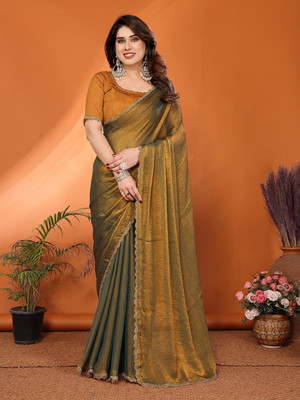 kashvi sarees Embellished, Solid/Plain, Self Design Bollywood Tissue, Jimmy choo Saree(Gold, Silver)