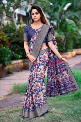 DHARMRAJ ENTERPRISE Floral Print, Woven, Printed Banarasi Cotton Blend Saree(Blue)