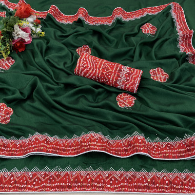 CHAMUNDA CREATION Embroidered Bollywood Silk Blend Saree(Green)