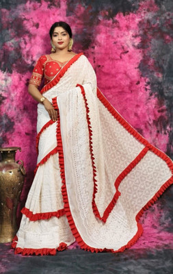 ADbutiq Digital Print, Self Design Bollywood Handloom Chanderi Saree(White)