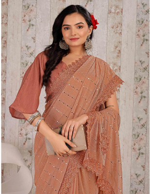 Online Bazaaar Embellished Bollywood Lycra Blend Saree(Orange)
