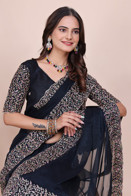 K 5 FASHION Embroidered Bollywood Tissue Saree(Blue)