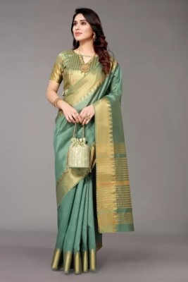 THE WOMEN DECOR Temple Border Assam Silk Cotton Silk, Cotton Blend Saree(Green)