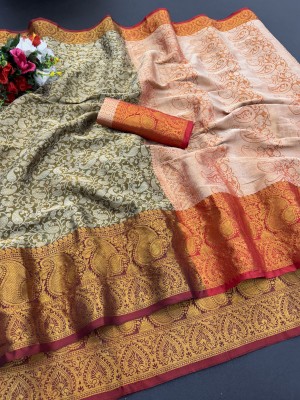 Pionex Woven Dharmavaram Silk Blend, Jacquard Saree(Pack of 2, Cream, Green)