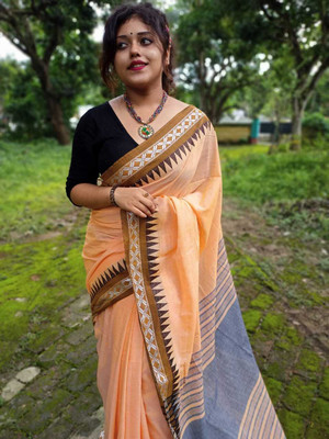GhoshEthnic Temple Border, Solid/Plain Daily Wear Handloom Pure Cotton Saree(Gold, Black)