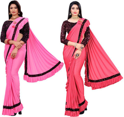 MIJAASHREE Embellished, Solid/Plain Bollywood Lycra Blend Saree(Pack of 2, Multicolor)