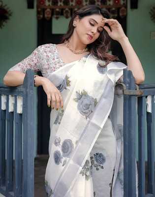 VCREATION Digital Print Bollywood Cotton Linen Saree(White)