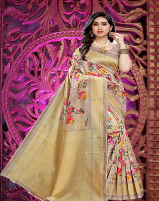HouseOfCommon Floral Print Bollywood Cotton Blend, Art Silk Saree(Multicolor)
