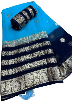 Stylish Sarees Floral Print Maheshwari Viscose Rayon, Georgette Saree(Light Blue, Dark Blue)