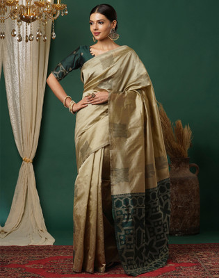 Samah Woven, Embellished Banarasi Silk Blend, Jacquard Saree(Green, Dark Green)