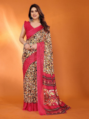 ROOP SUNDARI SAREES Floral Print Daily Wear Cotton Blend, Supernet Saree(Red)