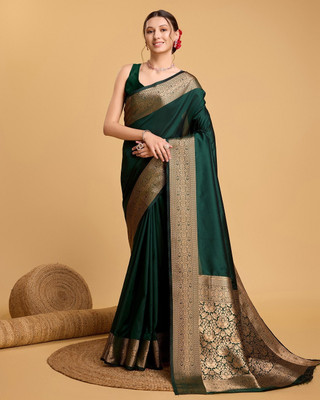 GK Textiles Surat Solid/Plain Banarasi Georgette Saree(Dark Green)